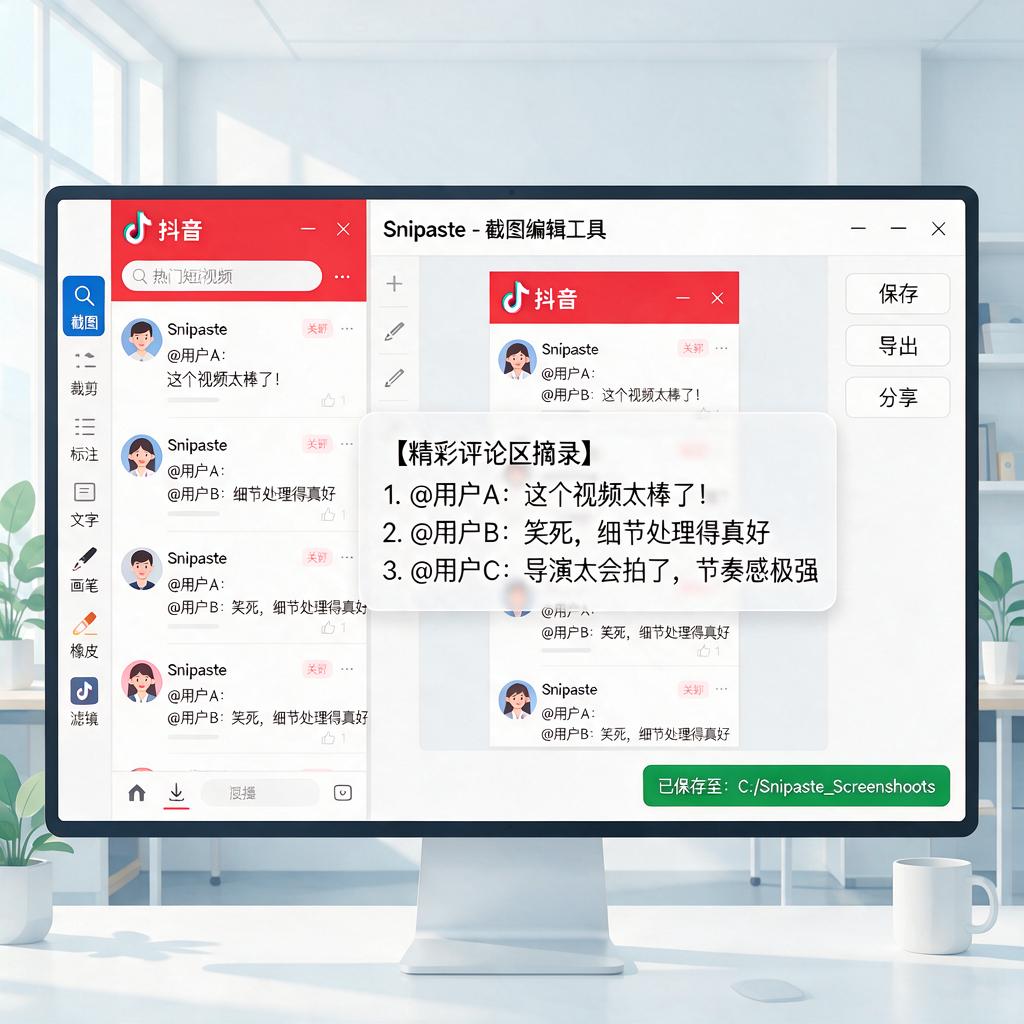 Snipaste如何截取抖音评论区截图并编辑保存?